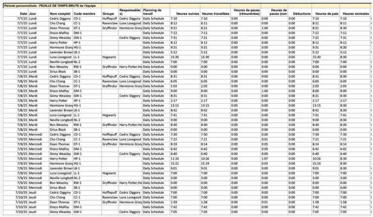 Liste des feuilles de temps (ou feuilles de temps brutes) pour le rapport de présence